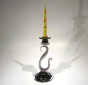 HAND BLOWN GLASS ART SCULPTURE, CANDLESTICK & CANDLE, PURPLE GOLD, DIRWOOD n3801