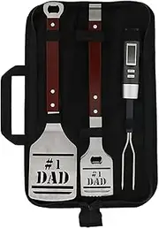 Panoware BBQ Grill Set with Carry Case for Dad, 4 Piece Set, Number 1 Dad Tongs, Spatula, Digital Thermometer and Case