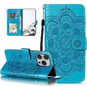 EYZUTAK Case for iPhone 16 Pro Max, Premium PU Leather Magnetic Flip Wallet Case with Card Holder Cash Slot Lanyard Strap Kickstand Function Embossed Mandala Flower Pattern Shockproof Cover - Blue