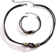 [Tomovely] 2 Pieces Leather Cord Necklace Bracelet Chain Metal Ring Pendant Necklaces Vintage Jewelry Boho Long Sweater Necklace for Women Men