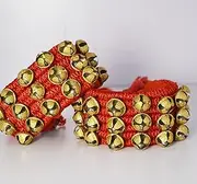 [CraftsLook] Ghungroo 3-Line (24+24 Bells) Pair – Red Cushion Pad for Kathak, Bharatanatyam, Kuchipudi – Indian Classical Dance Anklet Bells – Professional Musical Instrument for Dancers