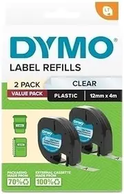 DYMO LT Plastic Labels for LetraTag Label Makers | Black Print on Clear Labels | 12 mm x 4 m Rolls | 2 Pack