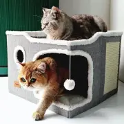 Large Cat Cave Bed for Indoor Cats, Cats Cube House with Scratch Pad Cat Condo