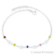 Ladybug Charm, Enamel Bead, & Flat Rolo Chain Italy .925 Sterling Silver Anklet