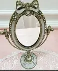 Vintage Ribbon Oval Table Mirror – Antique Bronze Vanity Mirror with Cubic Accen