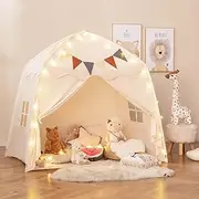 HONEY JOY Large Kids Tent, Indoor Outdoor Dome Tent Playhouse w/Bright Lights, Flags, 2 Doors, 2 Windows, Machine Washable Teepee Tent for Toddlers, Kids Play Tent for Kids Aged 3 + Years Old, Beige