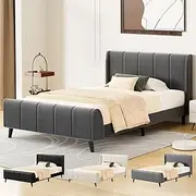 ALFORDSON Bed Frame Base Single Size with Headboard, Bed Platform Foundation with Velvet Fabric Upholstered for Mattress Topper, HUNDOLF Series Velvet Grey