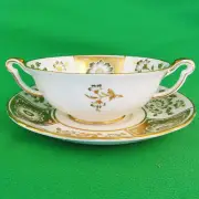 GREEN DERBY PANEL Royal Crown Derby Cream Soup & Stand NEW NEVER USED England