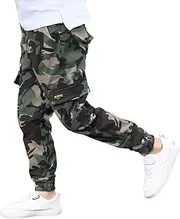 [Rolanko] Boys Cargo Trousers Elasticated Waist Outdoor Pants with Multi Pockets for Kids Fit