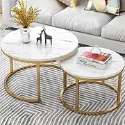 Nest of 2 Tables Nesting Coffee Table Marble PatternTop Accent End Tables Sofa Table Multi-Functional Side Table for Telephone Bedside Living Room,White+Gold