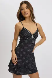 Black Polka Dot Mini Dress V-Neck Strappy - Size 12, Women's Skater Dress