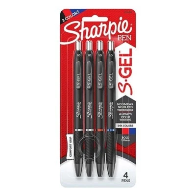Sharpie S-Gel Pen 1.0mm Bold Point 4/Pk Black-Blue-Red Ink Office School Home