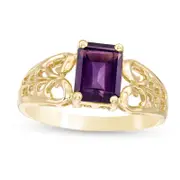 Emerald-Cut Amethyst Open Scroll Ring in Solid 10K Yellow Gold