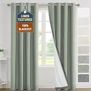 [Smarcute] 100% Blackout Curtains Linen Textured Thermal Curtains Block Out Light and Heat Eyelet Curtains for Bedroom/Living Room Set of 2 Panels,Heather Sea Foam