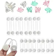 Child Safety Cabinet Locks (16+8 Pack), NUPYQL Baby Proof Cupboard Locks with 3M Self-Adhesive, with 8 Electric Outlet Plug Covers, No Drilling, Baby Proof Cupboard Locks Straps Drawer Locks (White Baby Proof)