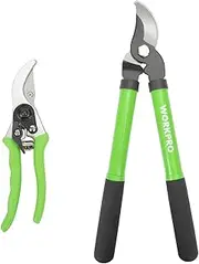 WORKPRO W151010 Limb and Branch Pruner Tool Set, Heat-Treated Steel Construction with Non-Stick Teflon-Coated Blades, Comfortable Nylon Grips, On/Off Lock, (2 piece)
