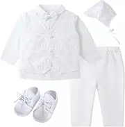 [Booulfi] Newborn baby Boys Suit Christening Outfit For Boys Wedding Suits with Shirt Pants Vest Shoes Hat Baby Clothes 0-3 Months, White-45, 3-6 Months