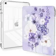 Feams for iPad 9th Generation Case, Trifold iPad 10.2 Case Clear Back Cover with Pencil Holder & Auto Sleep/Wake for iPad 9th/8th/7th Generation 2021/2020/2019, Purple Bouquet