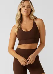 [Lorna Jane] Lotus Longline Sports Bra in Brown, Size - Large L Espresso
