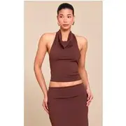Chocolate Brown Matte Sculpt Halterneck Gold Detail Backless Top, Chocolate Brown