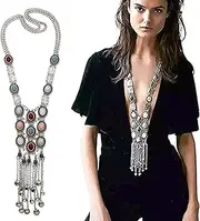 [BOLERPE] Vintage Retro Rhinestone Silver Turquoise Long Boho Bohemian Statement Ethnic Tribal Necklace for Women