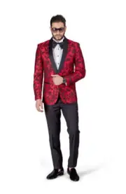 Slim Fit 1 Button Tuxedo Red Shawl Collar Floral Jacket Black Pants 1714 AZAR