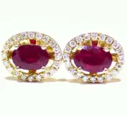 1.52CT 14K Gold Natural Ruby Round Cut Diamond Stud Halo Anniversary Earrings