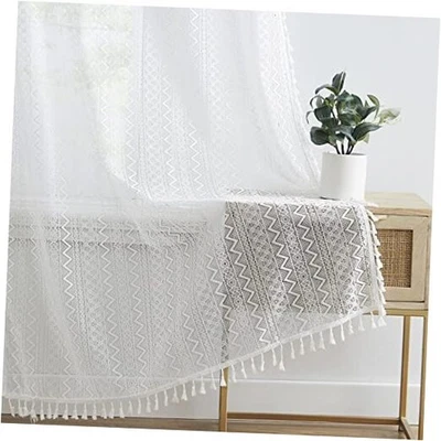 Short Boho Lace Sheer Curtains with Tassels,72 40"W x 72"L (Pack of 2) White