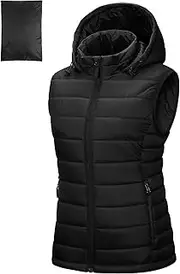 [Outdoor Ventures] Women's Quilted Vest with Hood Packable Transition Vests Lined Hybrid Sports Vest Women Warm Cycling Vest with Stand-Up Collar for Hiking Camping