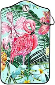 [QFSH] Cute PU Leather Luggage Tag with Stainless Steel Loop Funny Travel Bag Tags Personalized Suitcase Label, Flamingo