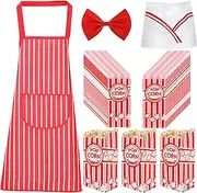 MENJITO 200 Pieces Paper Popcorn Bags and Popcorn Red White Striped Apron with Chef Hat and Bow Tie | 200 pcs Food Grade Popcorn Bags for Movie Night & Birthday Party, Red & White, 2x4