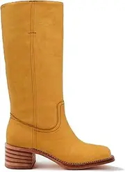 [Oakmoo] Women's Banana Knee High Boots Wide Calf Chunky Heel Western Boots Square Toe Mid Calf Boots Ladies Comfortable Riding Boots Fall Casual Moto Biker Boots