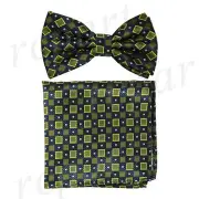 Men's Pre-tied Bow Tie & hankie set plaids & checker green yellow formal wedding