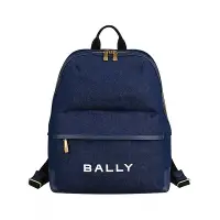 在飛比找Yahoo奇摩購物中心優惠-BALLY Bar字母LOGO帆布拼接牛皮後背包(深藍)