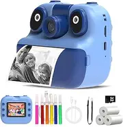Ykasia Kids Instant Print Camera, 180°Flip Lens Cameras, 1080P HD Video Camera for Children's, 2.4 Inch Screen Kids Digital Cameras with 32GB Card & 3 Rolls Photo Paper (Blue)