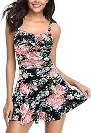 SHEKINI Women's Crossover Ruched Skirt One Piece Swimdress Swimsuit Bathing Suit