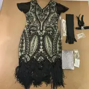 Women's Size XL Black Beige Sequin Fringe Flapper Dress & Accessory Set 9 Pieces