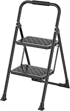 2 Step Ladder with Handrail, Folding Step Stool, Folding Step Stool with Wide Anti-Slip Pedal, Wide Platform for Kitchen Pantry Closets Home Office, Maximum Load 150 kg, Black