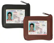 Genuine Leather Mens Bifold Wallet ID Badge Front Pocket Zip Around