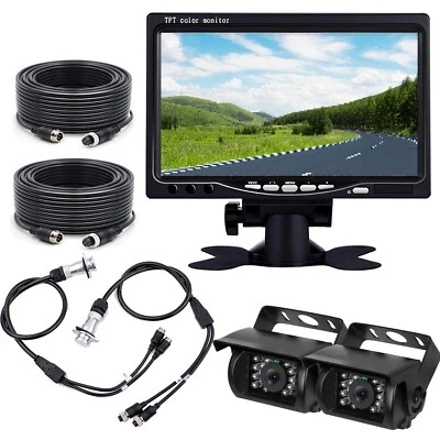 7" Monitor CCD Dual Backup Camera+2CH Suzy Coil Trailer Cable For Truck Reverse