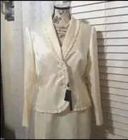 Tahari Skirt Suit Sz 10, Ivory White Ruffled Blazer Brocade Pencil Skirt-NWT-