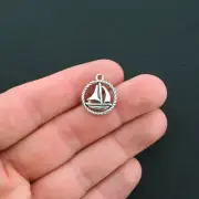 10 Sailboat Charms Antique Silver Tone 2 Sided Boat Circle - SC1679