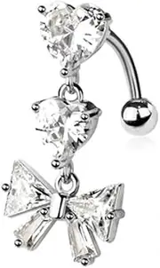 [Pierced Owl] 14GA 316L Stainless Steel CZ Crystal Dangling Hearts and Bow Ribbon Reverse Belly Button Ring