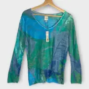 NIC + ZOE Top Sweater MEDIUM Full Bloom Lightweight Spring Leaf Print Teal NWT