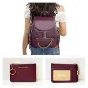MICHAEL KORS JET SET ITEM MEDIUM BACKPACK + ID CARD KEY HOLDER WALLET BORDEAUX