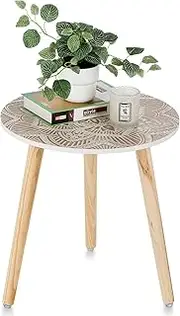 Hanobe Small Round Side Table: Boho Floral End Tables for Living Room Bohemian Accent Bedside Table White Bedroom Nightstand Farmhouse Home Decor Decorative with 3 Wood Legs, Easy Assembly