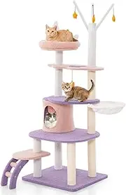 Costway Purple Cat Tree, 158 CM Multi-Level Cat Tower w/Ladder, Scratching Posts, Condo, Plush Perch, Hammock, Cloud Platforms, Dangling Toys, Tall Kitty House for Indoor Cats