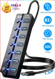 USB Hub 3.0 USB Hub Splitter 7-Port USB Extension with Individual On/Off Switches and Lights 4ft Long Cable USB 3.0 Hub Splitter