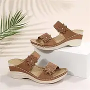 [ROMDS] Womens Wedge Flip Flops Sandals Summer Comfortable Platform Bohemia Flat Shoes Casual Sandal Open Toe Flowers Mules Beach Casual Sandal,Brown,US7/EU39
