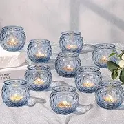 [DARJEN] Blue Votive Candle Holders Set of 24- Round Glass Candle Holders Bulk for Tea Light Candle, Diamond Texture Candle Votives for Wedding Centerpiece, Party & Home Decor